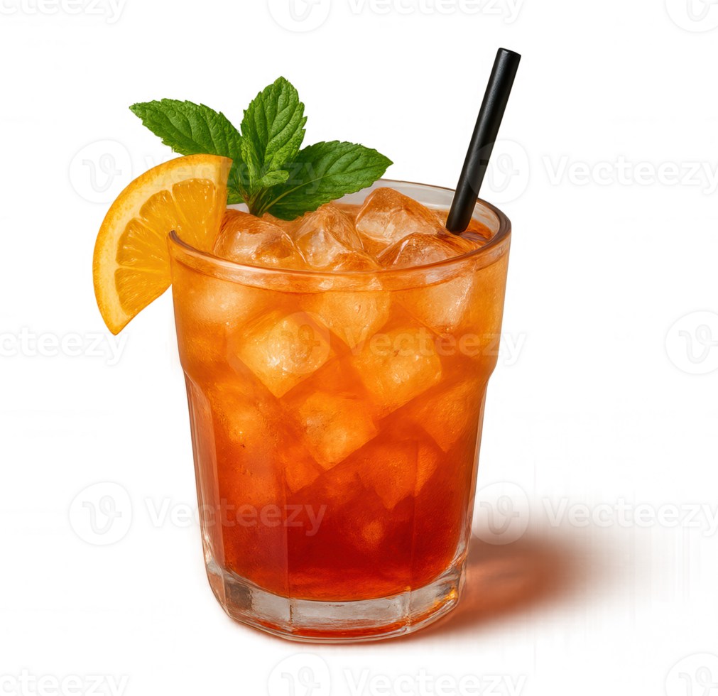 Glass of spritz cocktail with ice, orange slice and mint on transparent background png