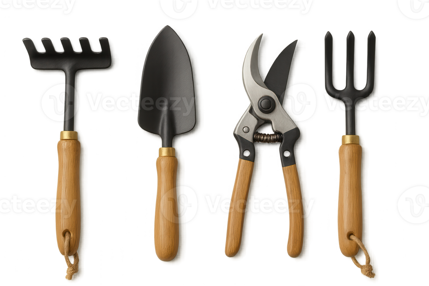 Gardening tools set with rake, trowel, pruner and hand cultivator on transparent background png