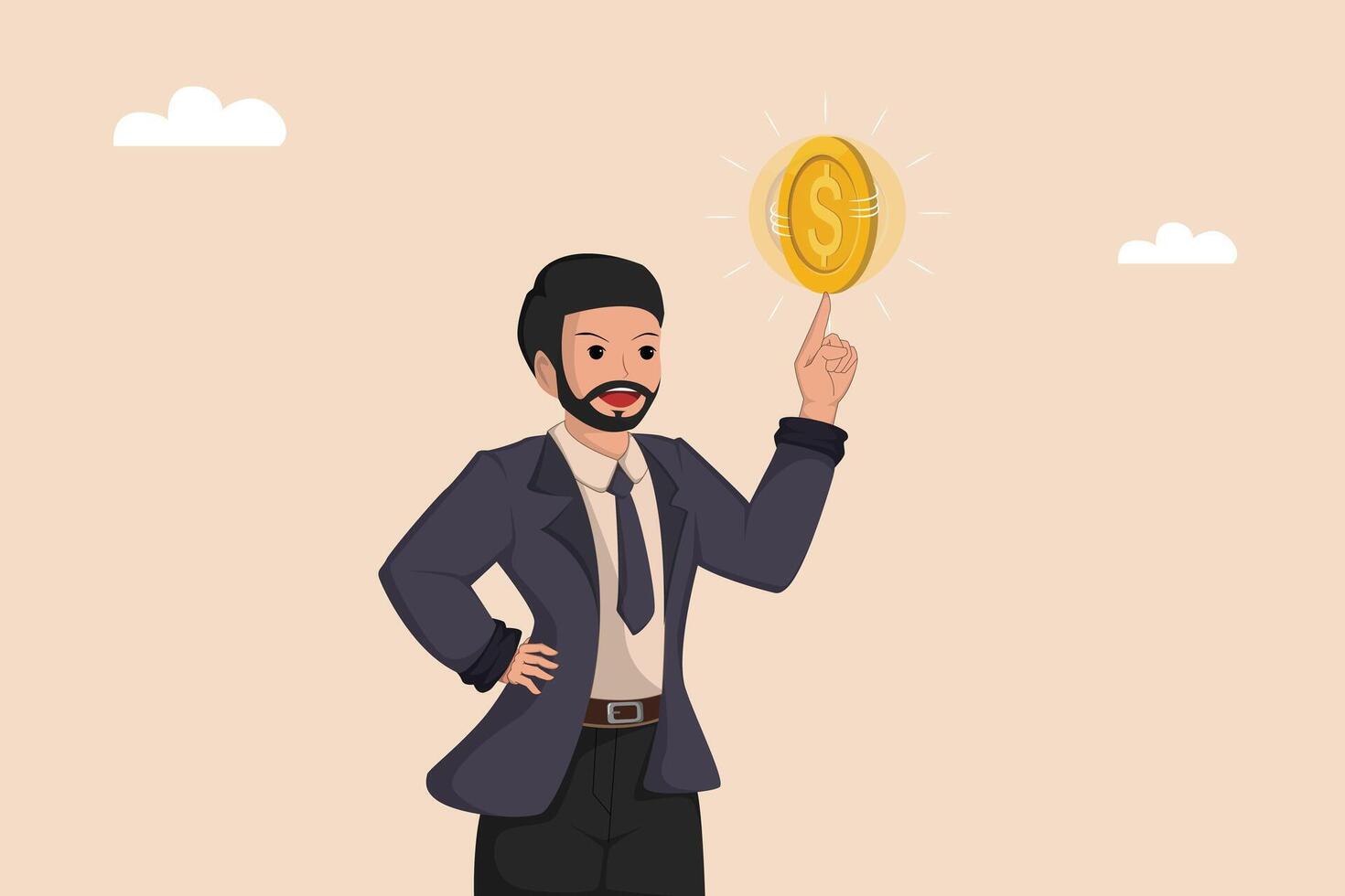 A Businessman Confidently Balancing a Large Gold Coin on His Finger, Symbolizing Expertise in Money Management and Growth. vector