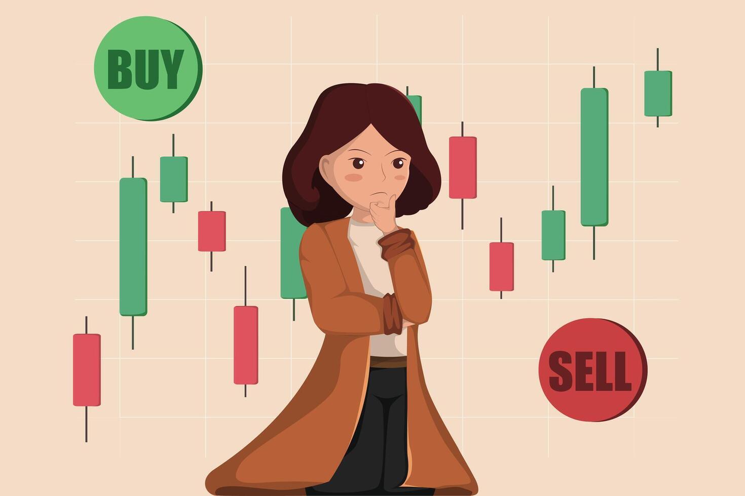 Confused Woman Deciding to Buy or Sell in Stock Market with Candlestick Chart Investment Decision Concept. vector
