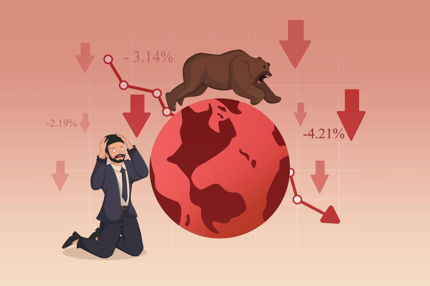 Global Stock Market Crash Illustration with Bear Market Symbol and Desperate Investor vector