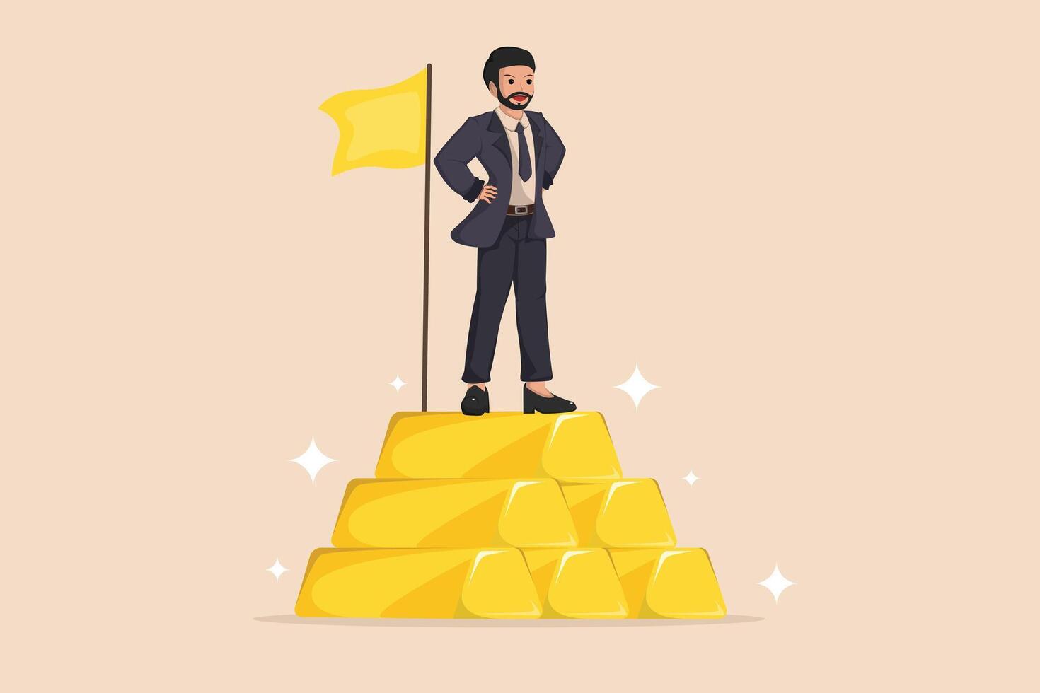 A Businessman Standing Proudly Atop a Stack of Gold Bars with a Victory Flag, Symbolizing Achievement in Business and Wealth Accumulation. vector