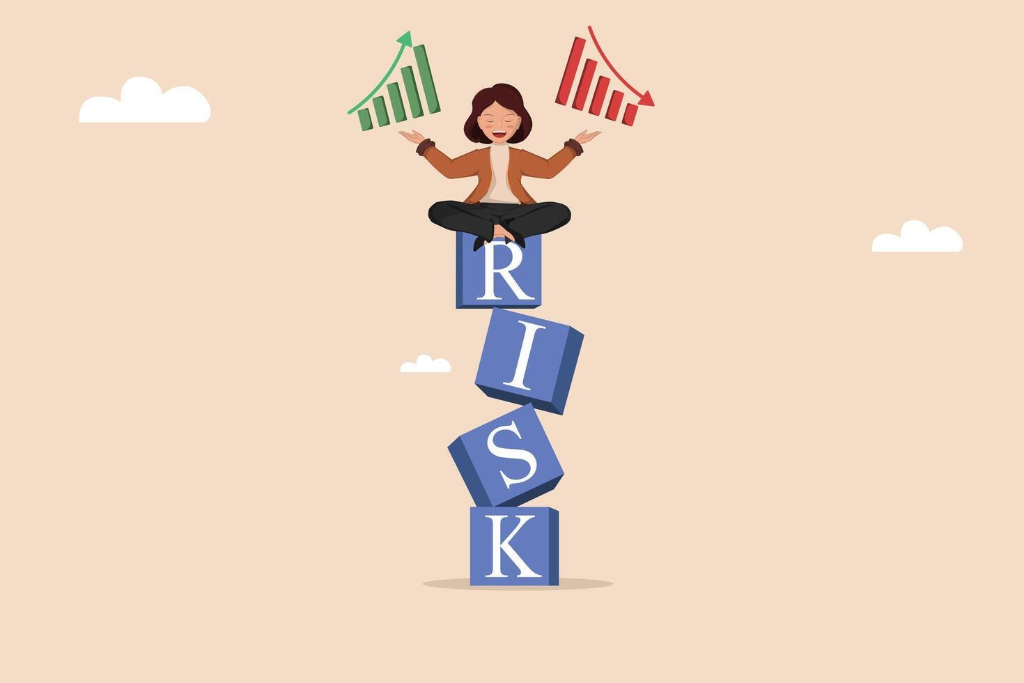 Balancing Business Risk and Opportunity, Depicting a Woman Meditating on Unstable Blocks Labeled RISK While Holding Upward and Downward Trend Charts. vector