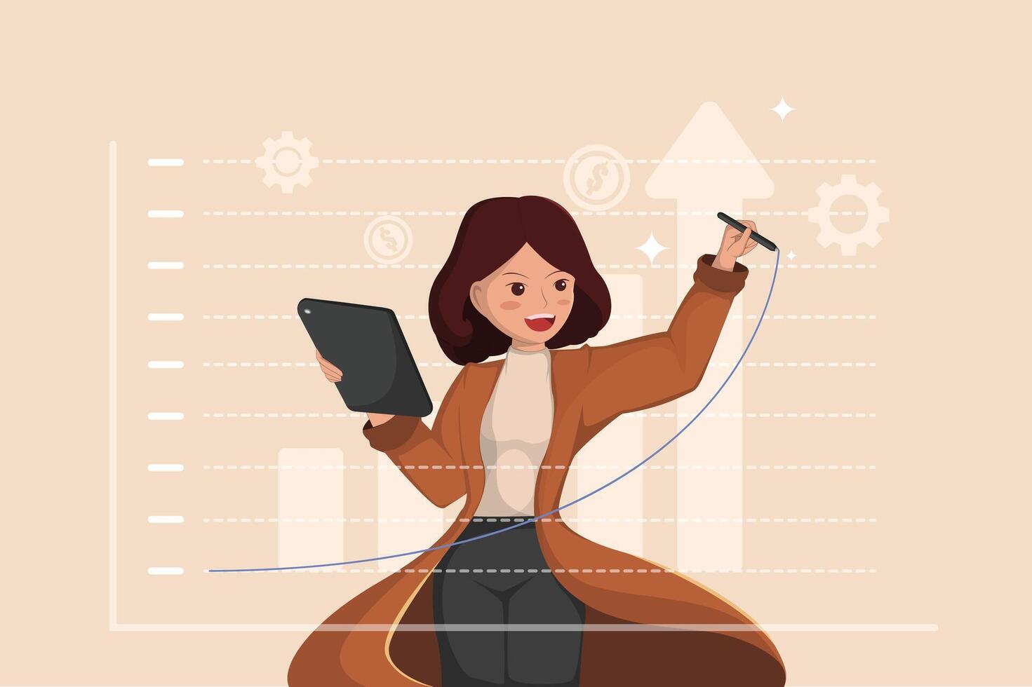 Businesswoman Drawing Growth Graph on Digital Screen with Tablet and Stylus Financial Analysis and Investment Concept. vector