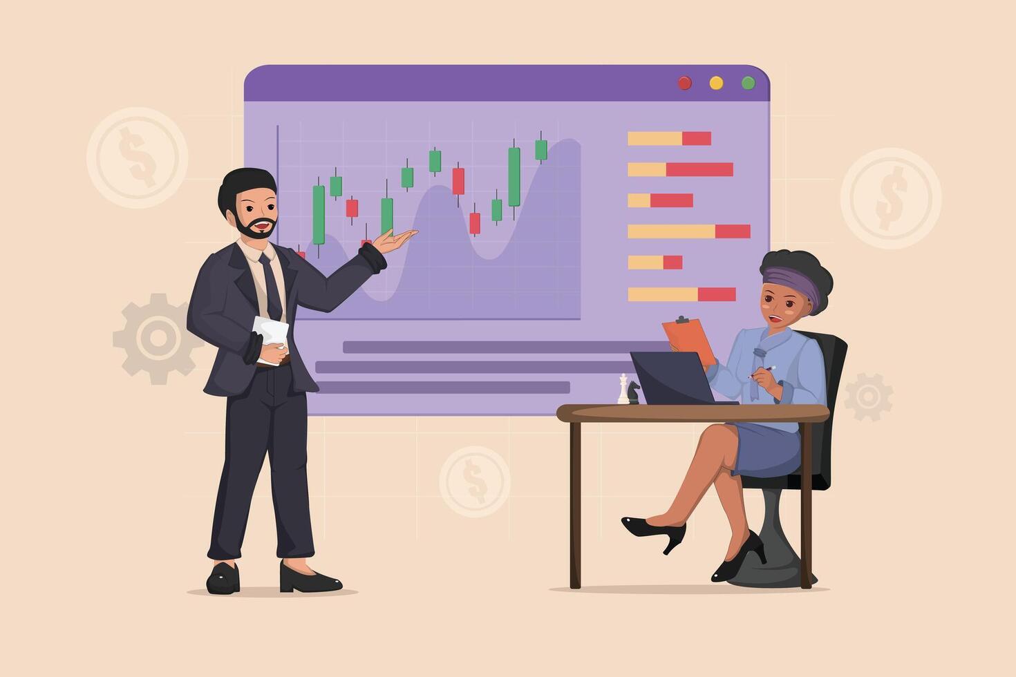 Business Presentation Illustration Financial Data Analysis and Stock Market Trends with Professional Presenters. vector