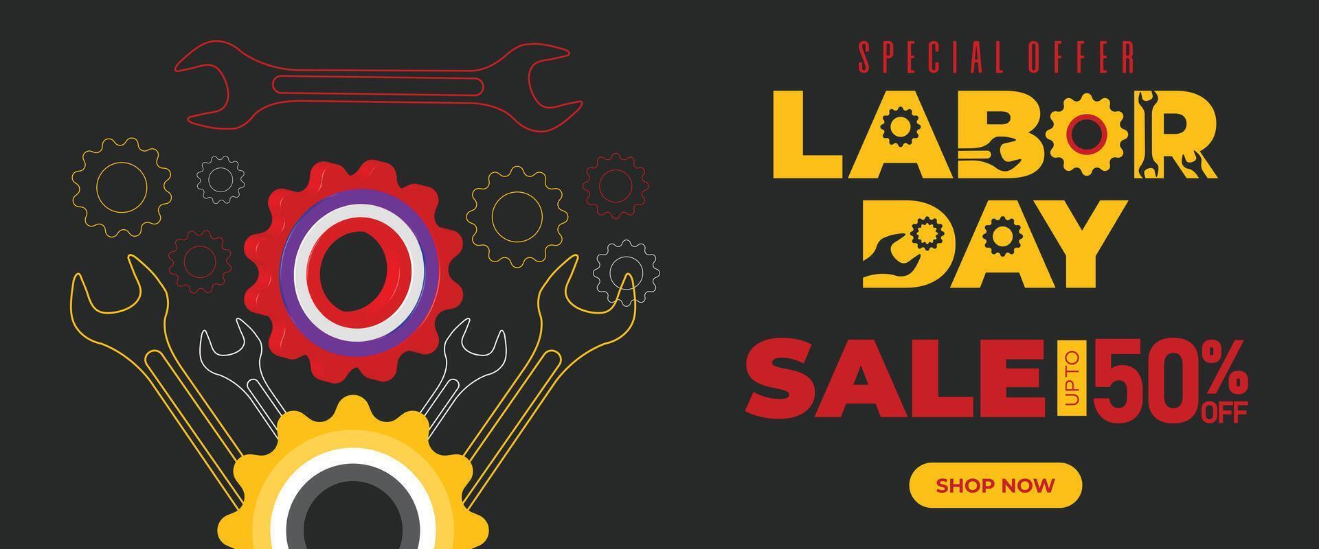Labor Day banner design with dark background, glowing gears, and modern mechanical style. Perfect for sale promotions, work celebration, and job ads vector