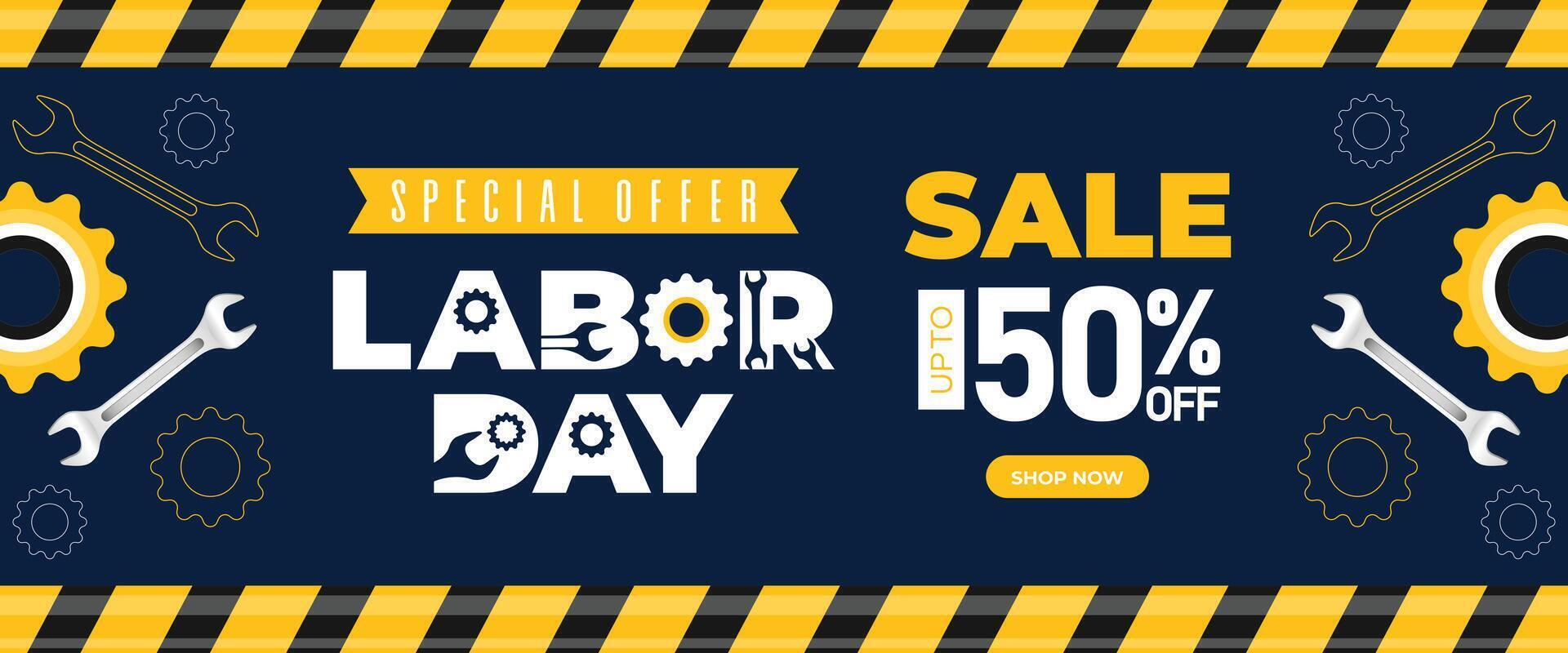Labor Day sale web banner with blue industrial background, yellow caution border, and gear illustrations. Great for mechanics, job ads, and discount promotions vector