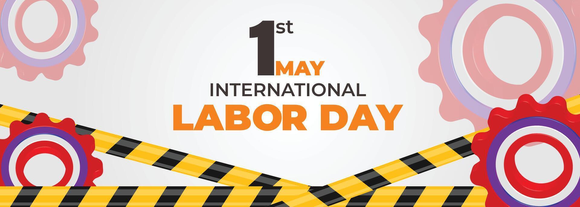 Clean white background labor day banner with abstract mechanical gear graphics, diagonal caution strip, and modern layout for International Workers Day vector