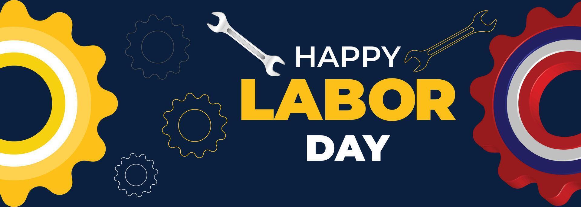 Dark-themed labor day banner design featuring gear wheels, wrench illustration, and clean text layout for professional labor celebrations on 1st May vector