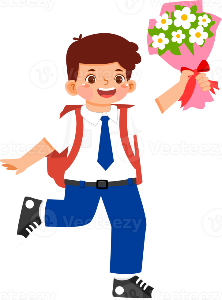 Schoolboy Junior High Student Holding a Bouquet of Flower png