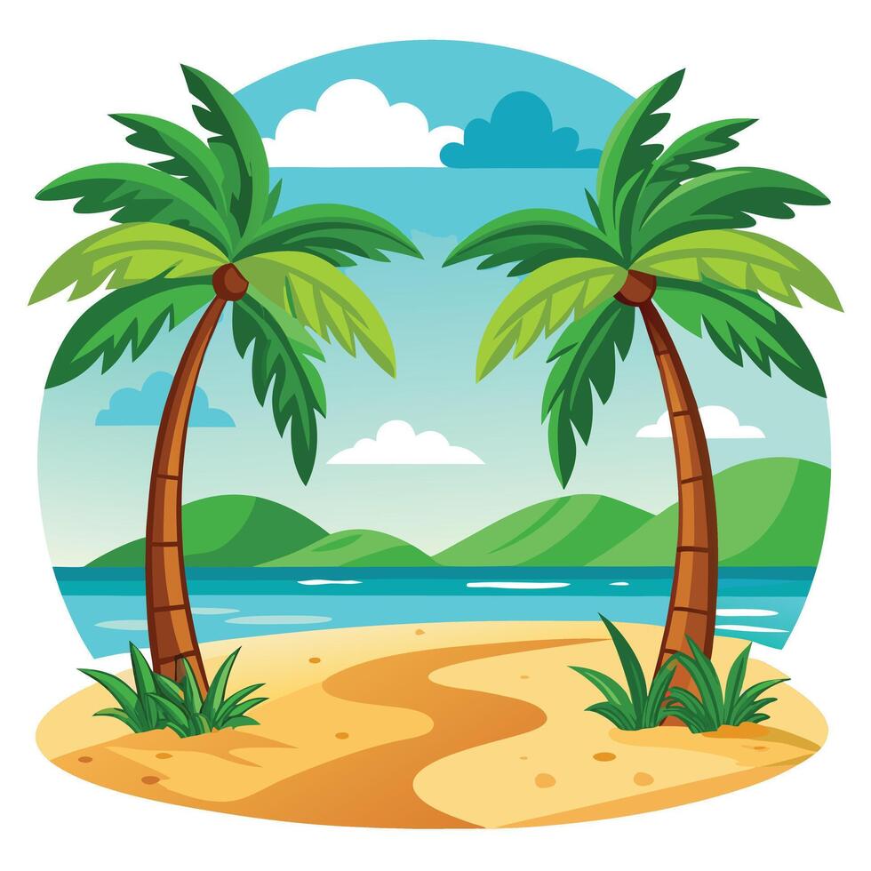 Cartoon tropical beach with palm trees, sandy coastline and turquoise ocean view vector