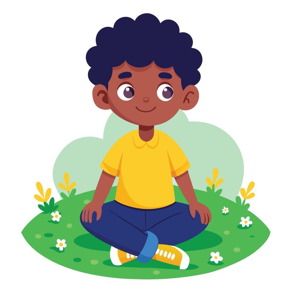 Dark Skinned Boy Sitting Cross Legged on Grass Field with White Flowers vector