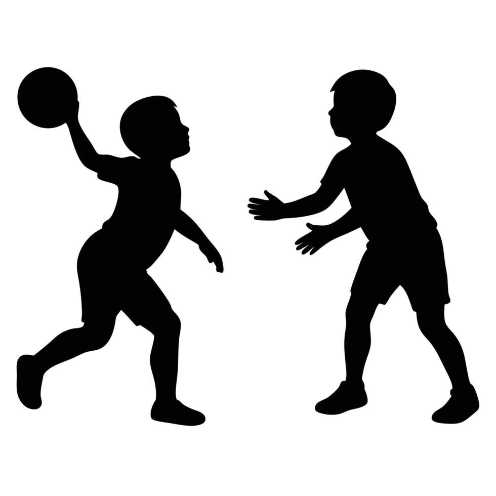 Sportive Kids Silhouettes Playing Catching Ball Game on White Background vector