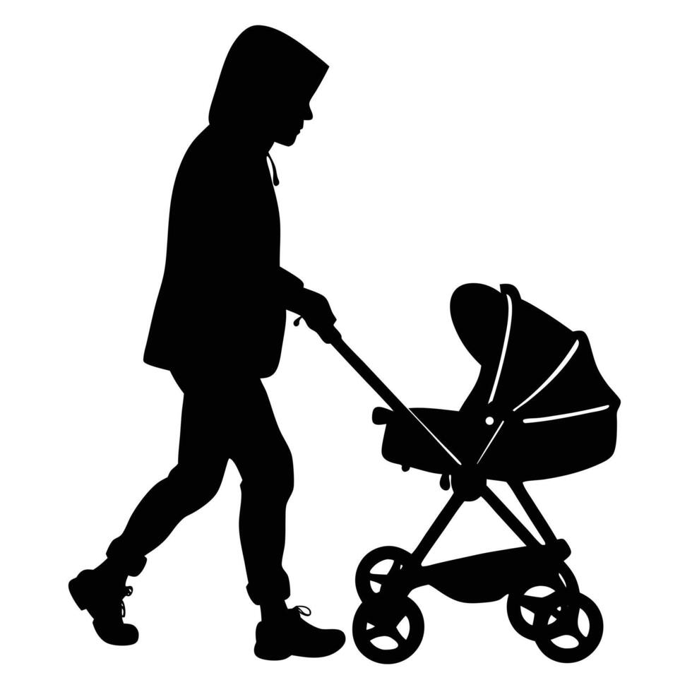 Silhouette Person with Hood Pushing Pram on White Background Minimalist Design vector