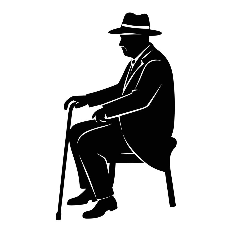 Silhouette of an Elderly Man Sitting on Chair with Cane vector