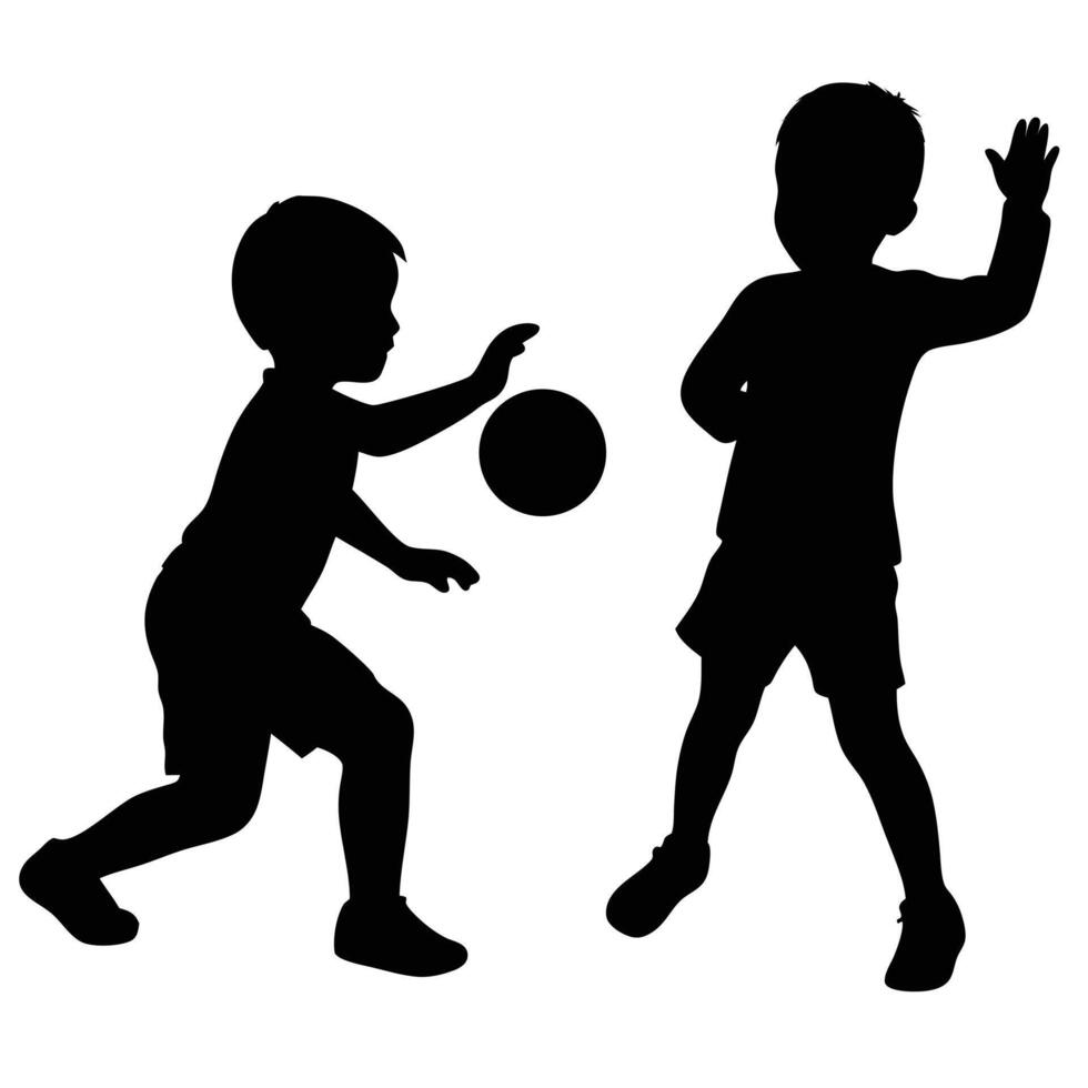 Silhouette of two boys playing with a ball, reaching arm, short hair, active vector