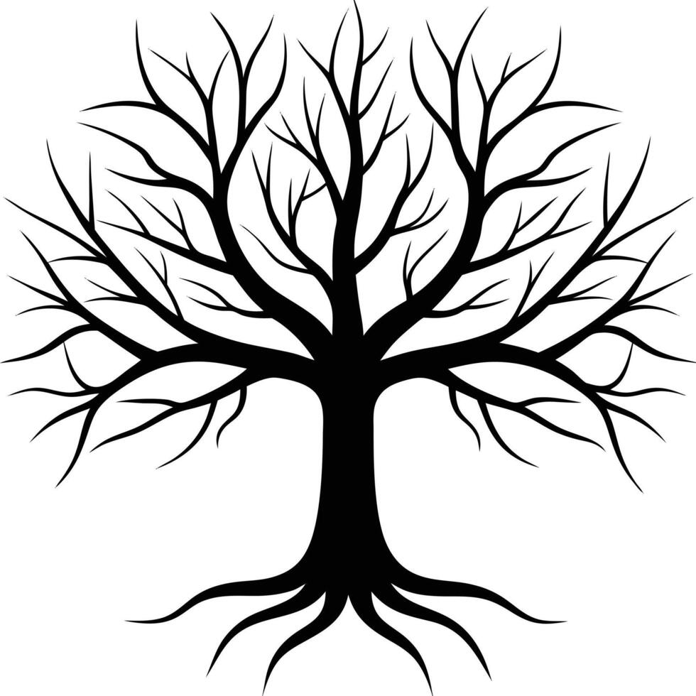 Silhouette of a leafless black tree with exposed roots vector