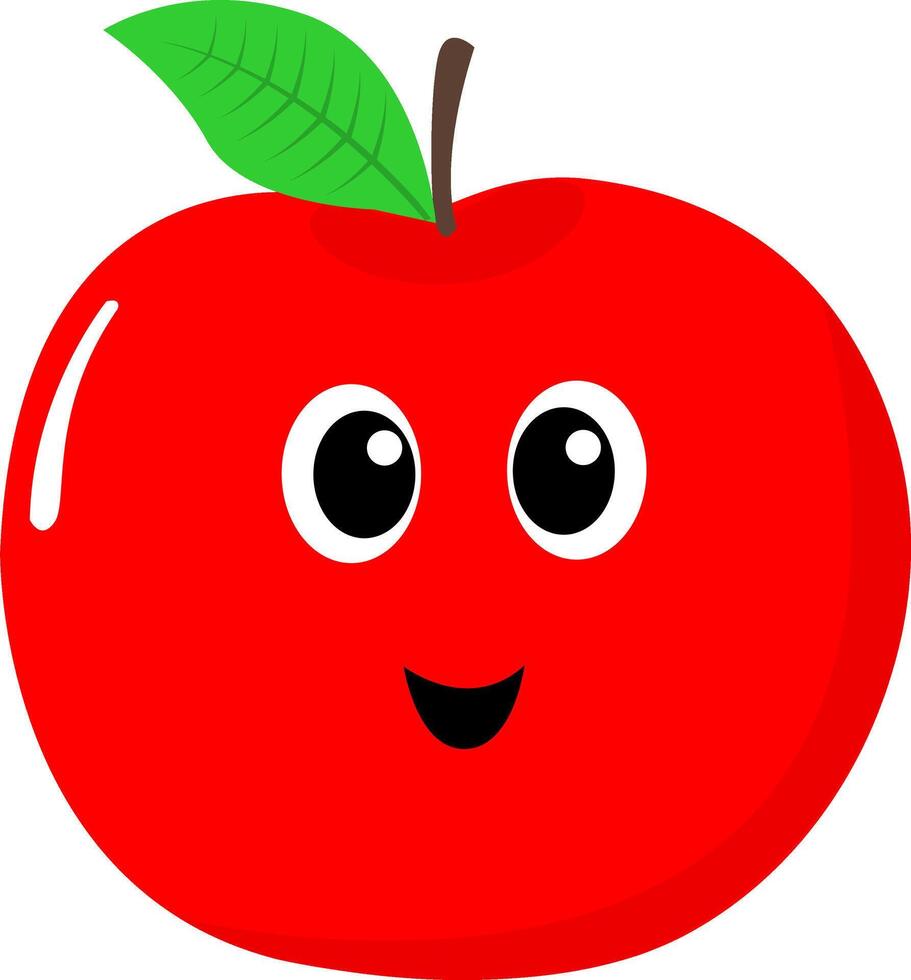 Cute Red Apple with Smiling Face and Green Leaf - Cartoon Fruit Character vector