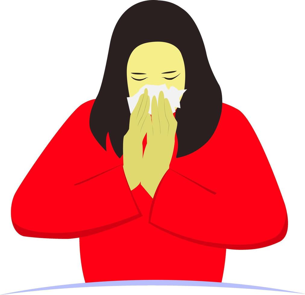 Flat Illustration of Sick Woman Sneezing into Tissue - Cold, Flu, or Allergy Concept vector