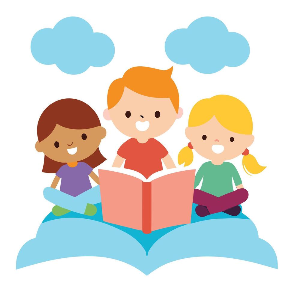 Smiling Kids Reading Book Together Sitting on Cloud, Diverse Children Cartoon Style vector