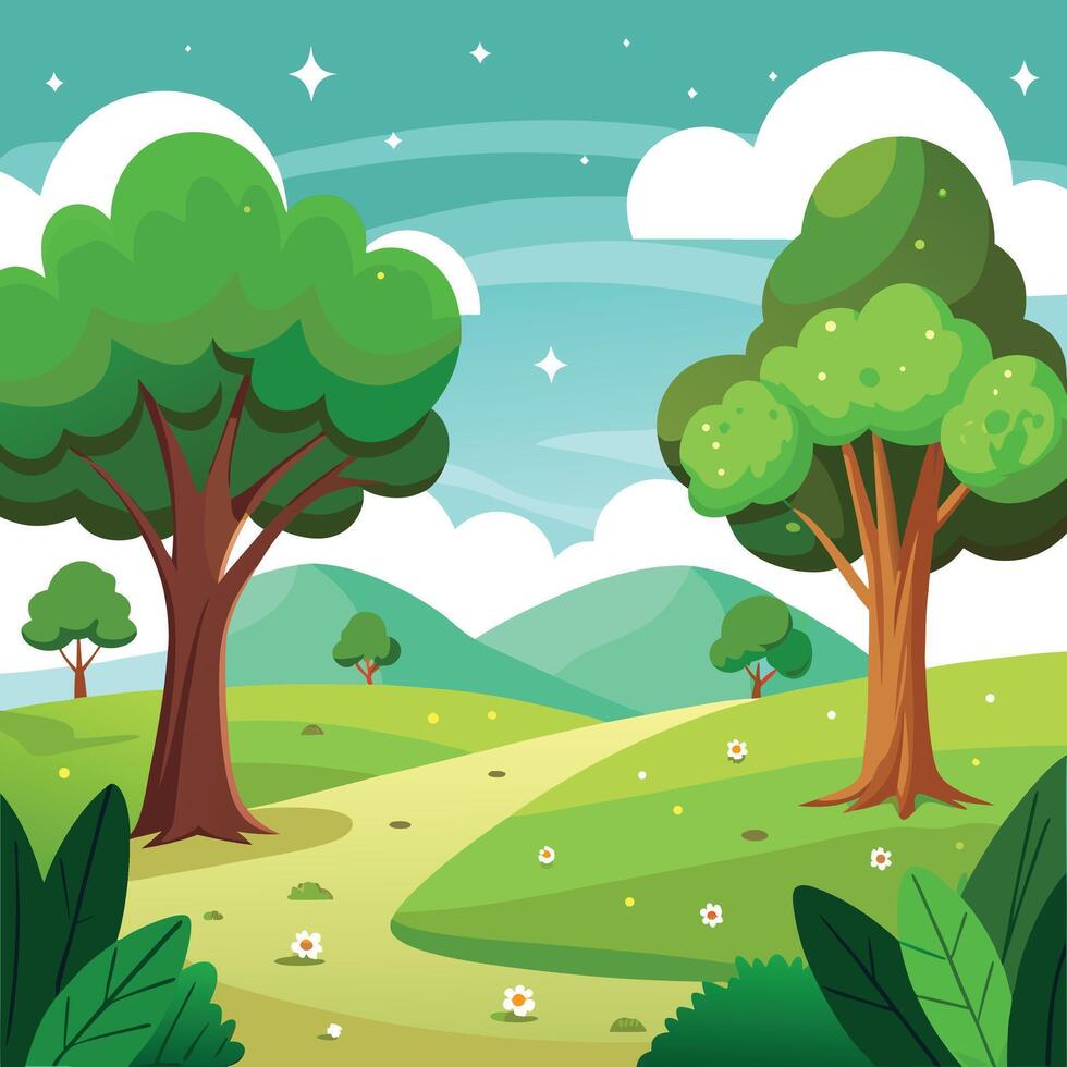 Cartoon landscape with trees, green hills, meadow and flower field vector