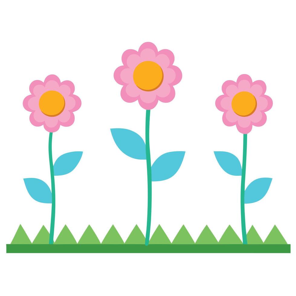 Pink Flowers with Yellow Center, Green Stems, Leaves, and Grass on White vector