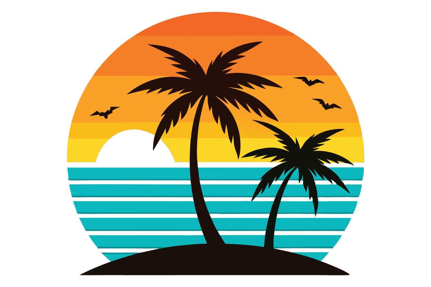 Palm Tree Silhouette with Sunset Sky, Sea, and Birds in Round Shape vector