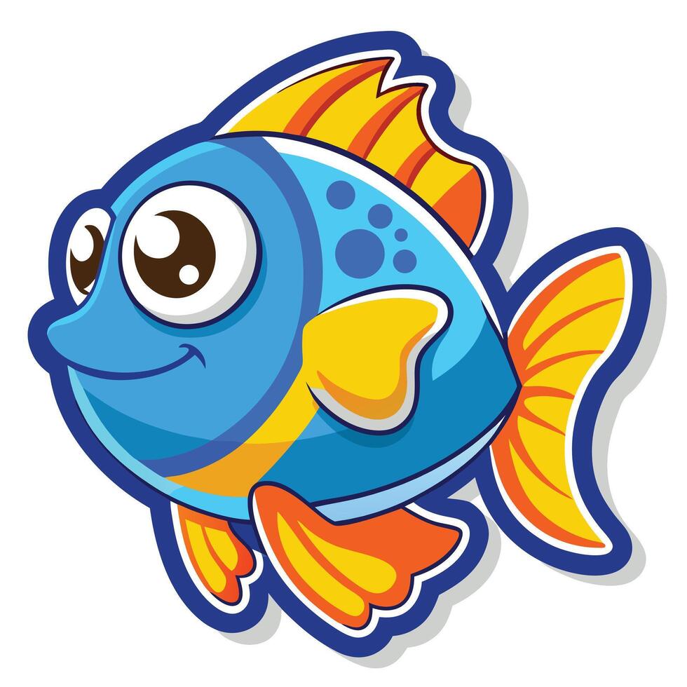 Smiling Cartoon Fish Character with Big Eyes and Orange Fins on White Background vector