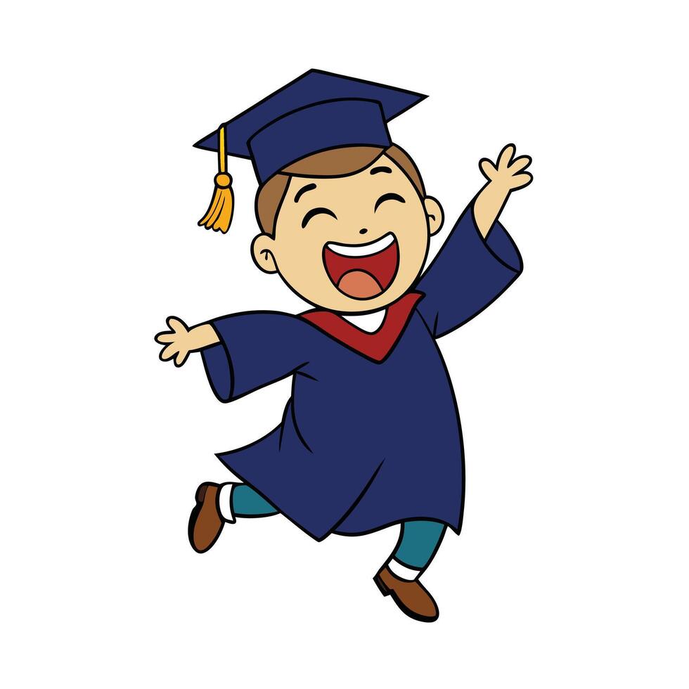 Joyful Cartoon Boy in Graduation Gown Jumping on Isolated White Background Design vector