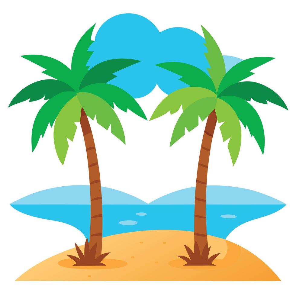 Cartoon style tropical island with two palm trees and blue cloudy sky design vector