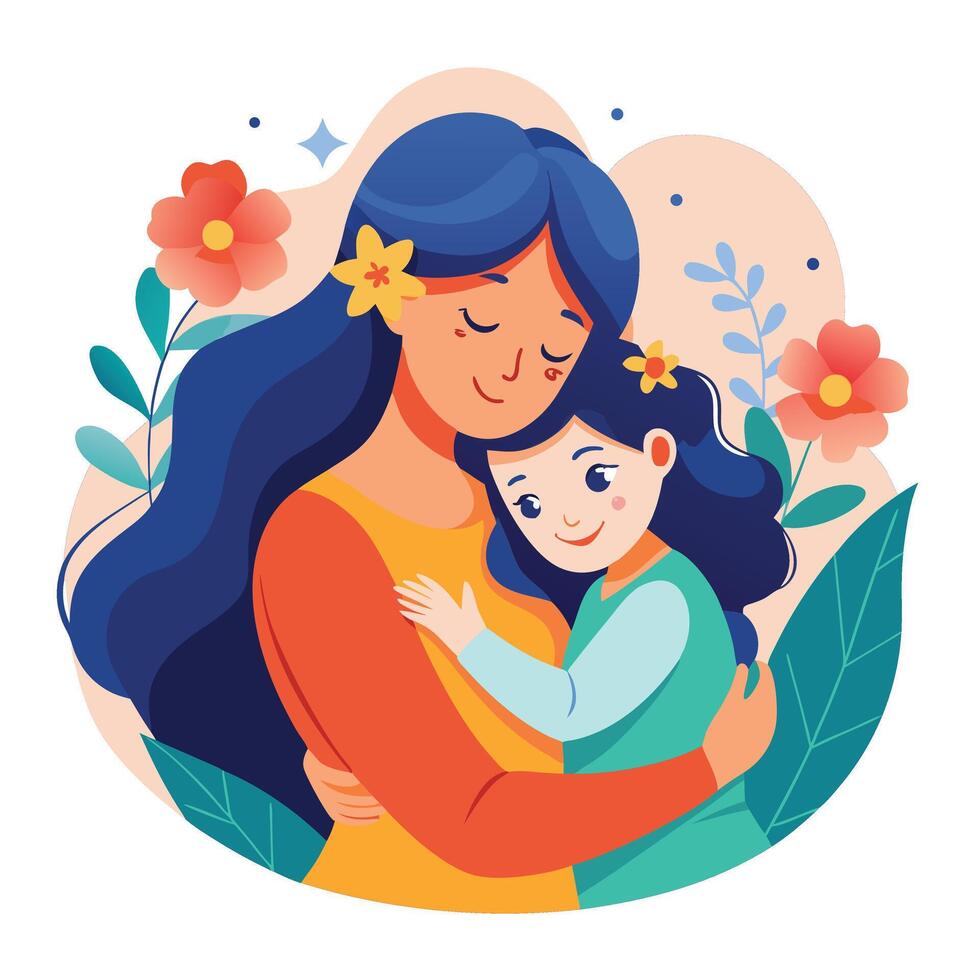 Adoring Mother Hugging Daughter with Floral Accents on White Background vector