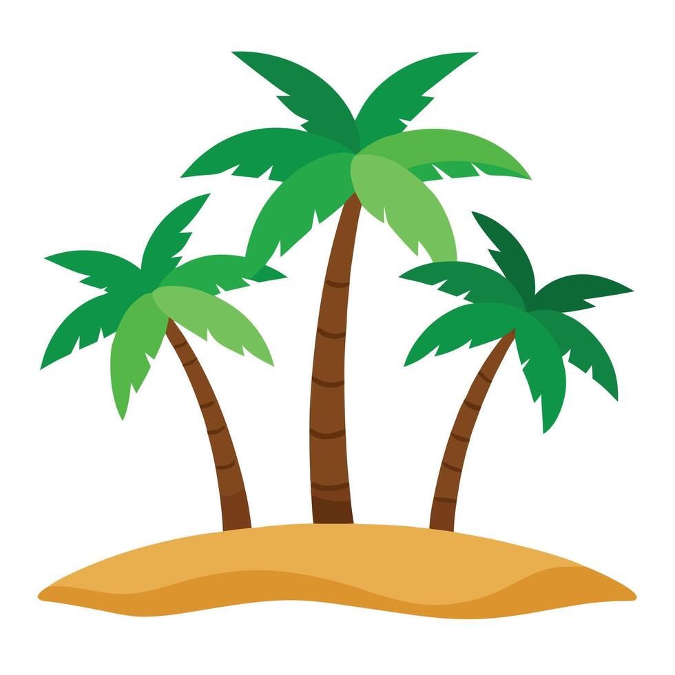 Tropical cartoon island with brown sand and green palm trees on white background vector