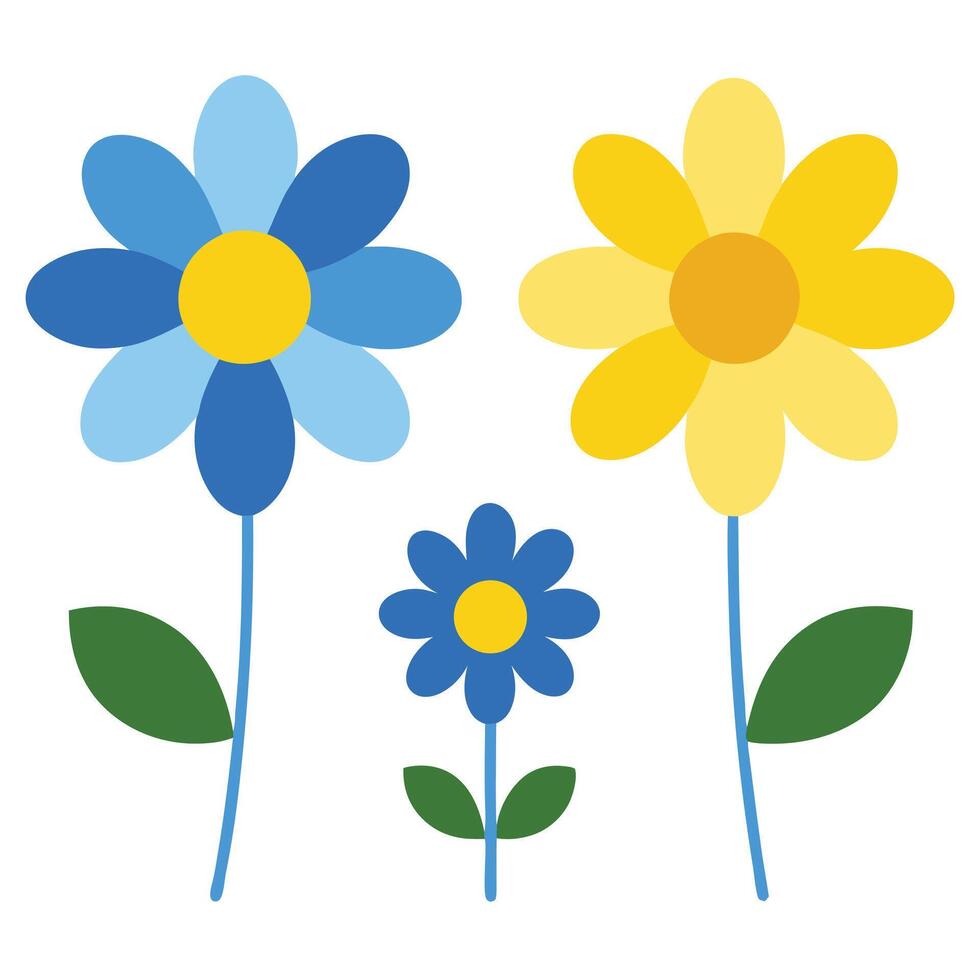 Flat Blue and Yellow Flowers with Stems on Isolated White Background vector