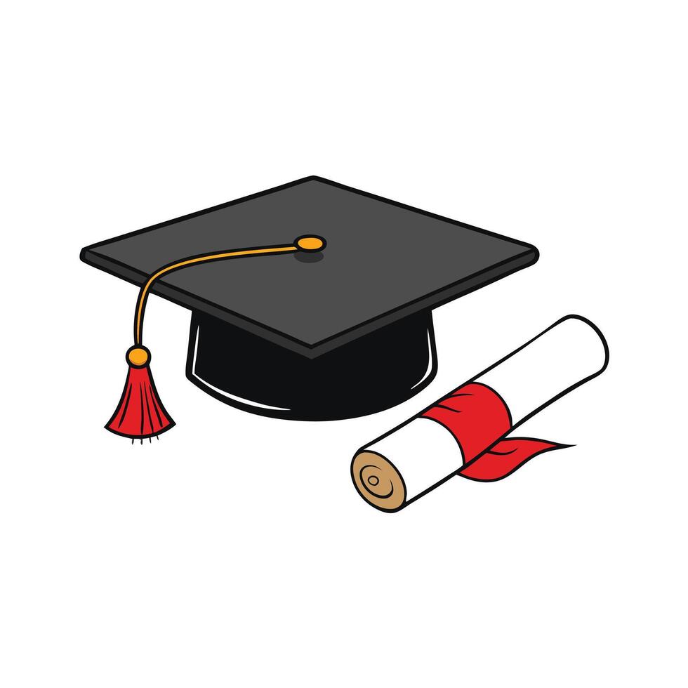 Academic Mortarboard Hat with Red Tassel and Rolled Diploma on White Background vector
