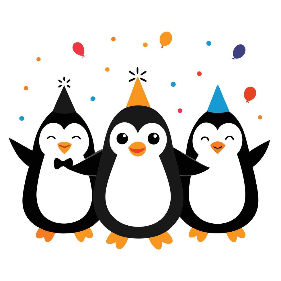 Cartoon Penguins with Party Hats and Balloons on a White Background vector