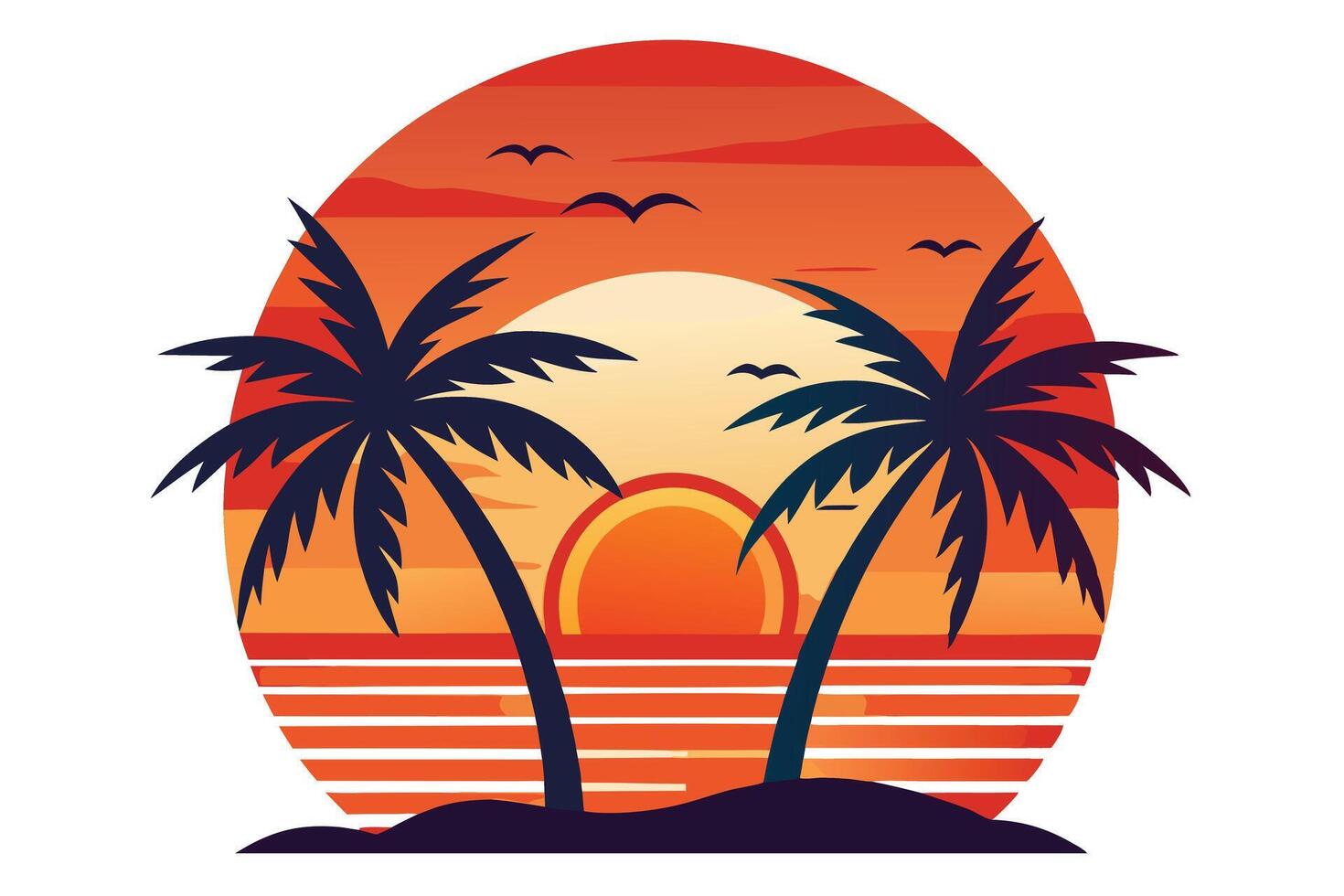 Sunset With Palm Trees Silhouettes and Birds Flying In A Circle Orange Sky vector