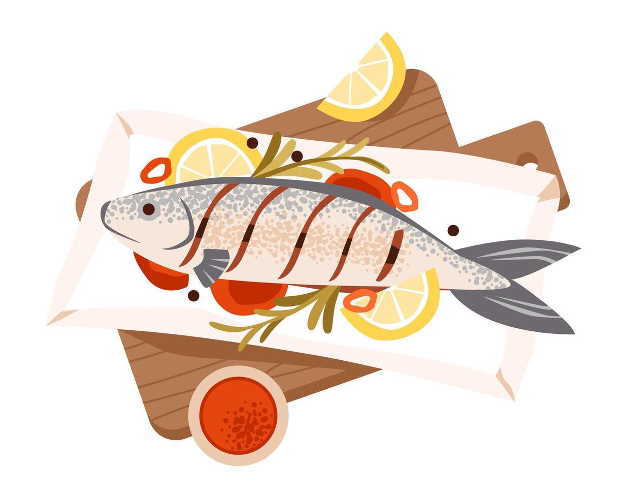 Barbecue with grilled fish and vegetables. Grilled BBQ food, herbs and sauces. Flat illustration. vector