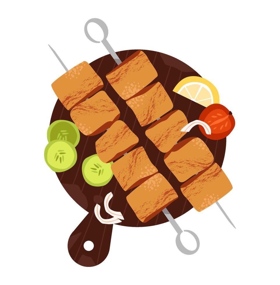 BBQ and grilled meat with vegetables and skewers. Picnic food, outdoor cooking, and summer gatherings. Flat illustration. vector