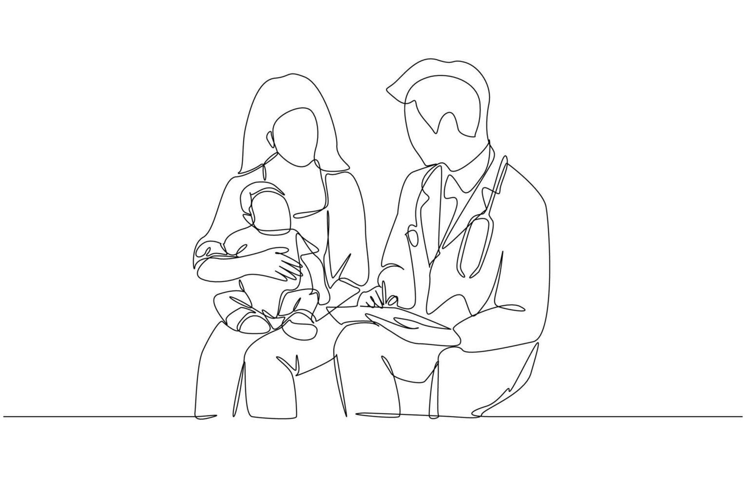 Continuous one line drawing of mother holding baby on lap and talking to pediatrician, doctor and pediatric patient concept, single line art vector