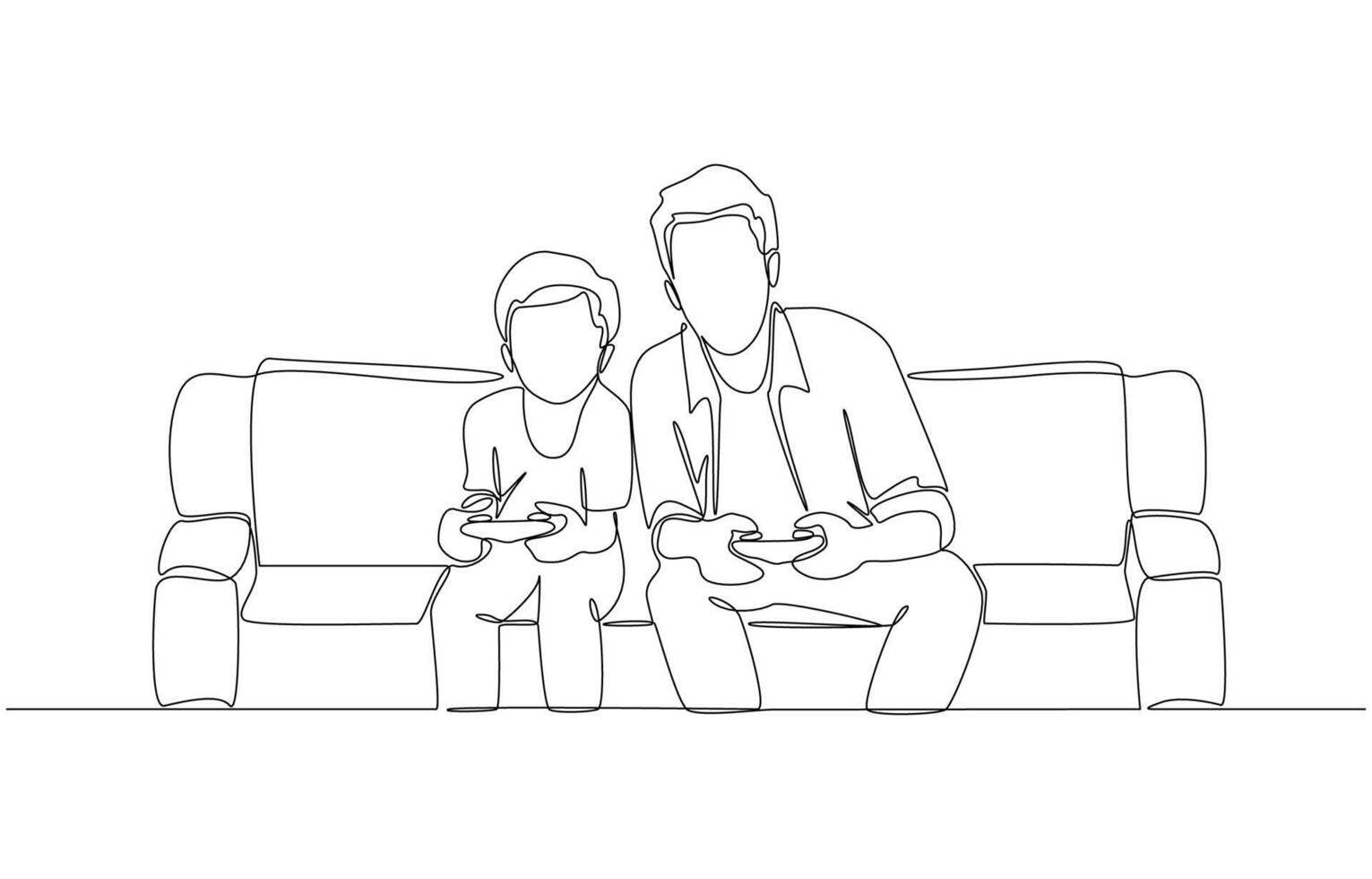 Continuous one line drawing of father playing games with son, bonding through gaming concept, single line art vector
