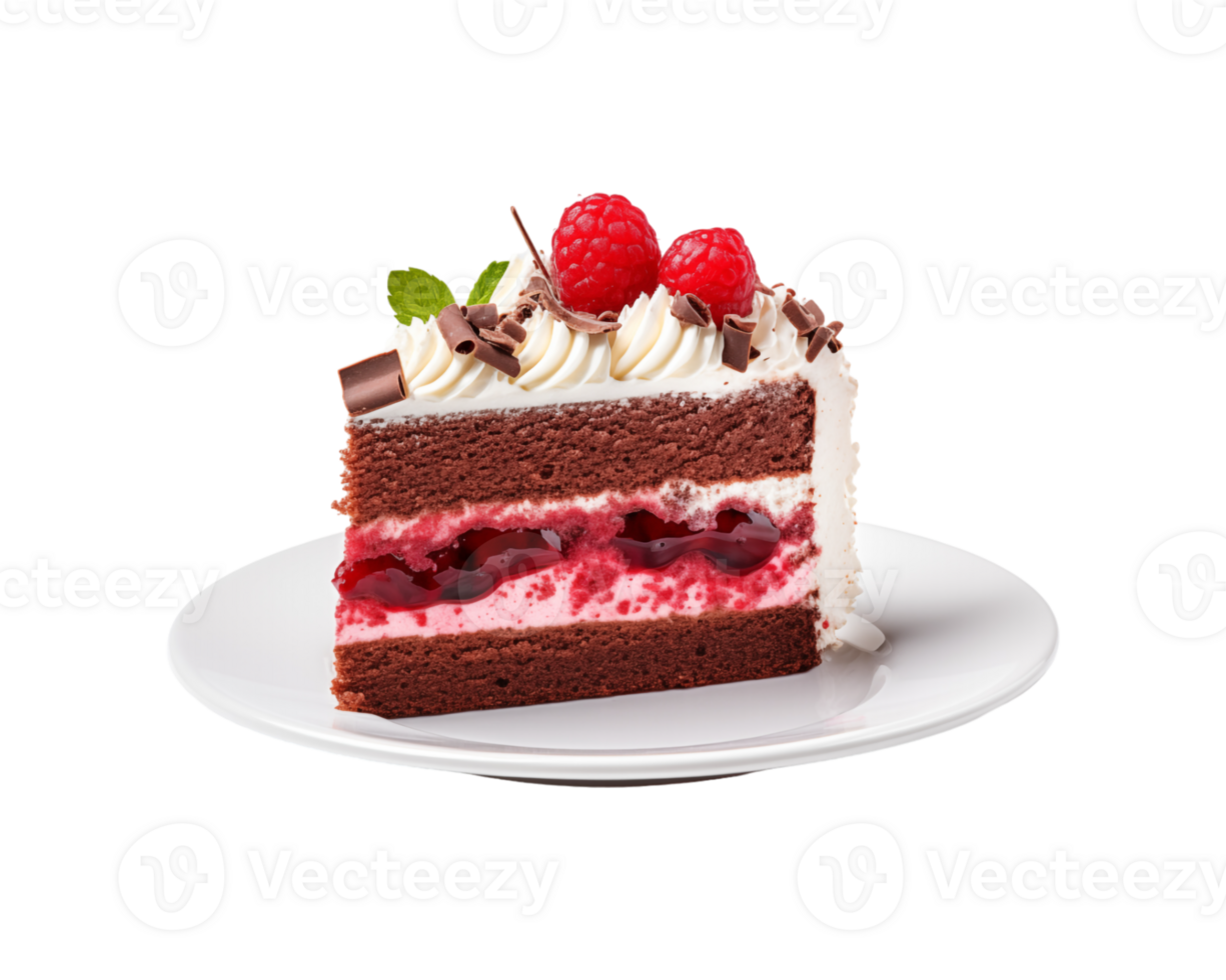 A piece of cake with chocolate frosting and raspberries png
