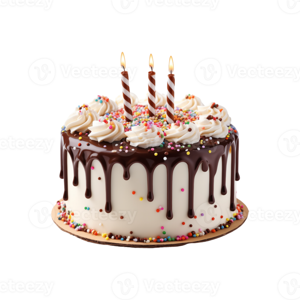 A chocolate cake with three candles on top png