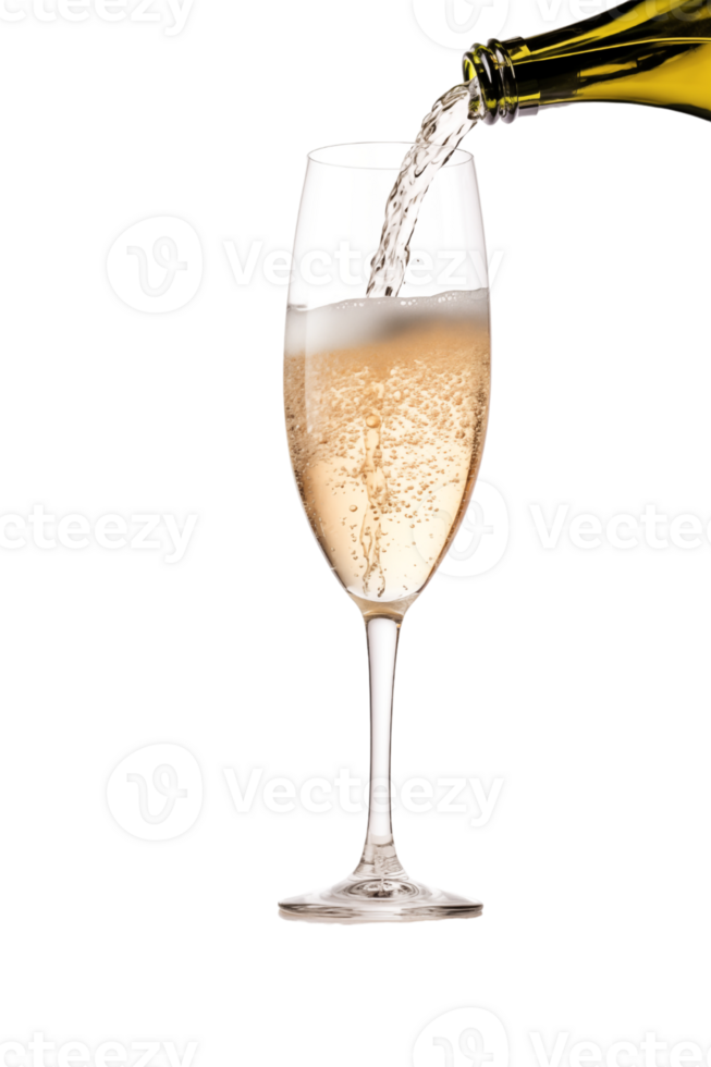 A wine glass with a bottle of champagne being poured into it png