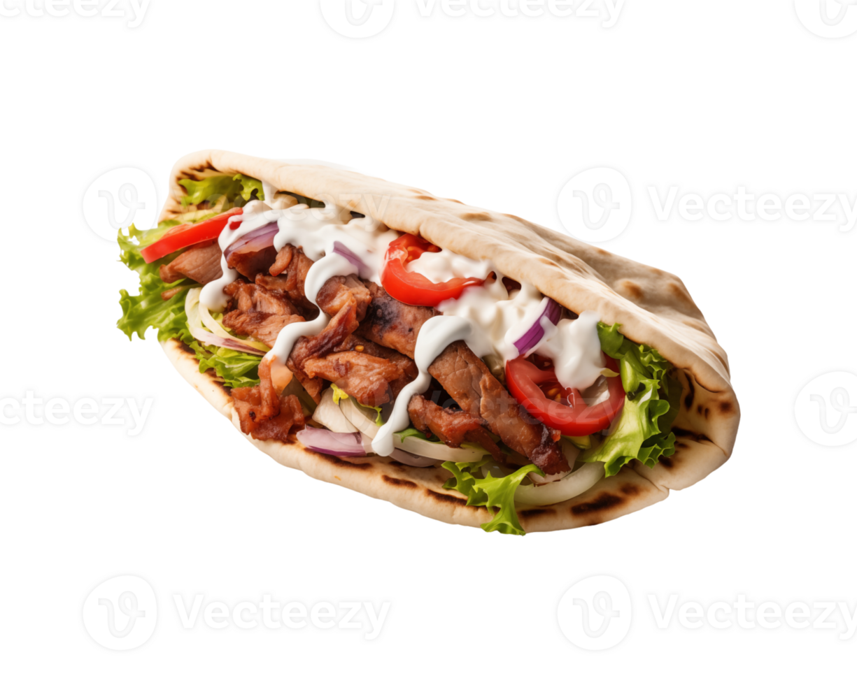 A pita with meat and vegetables on it png