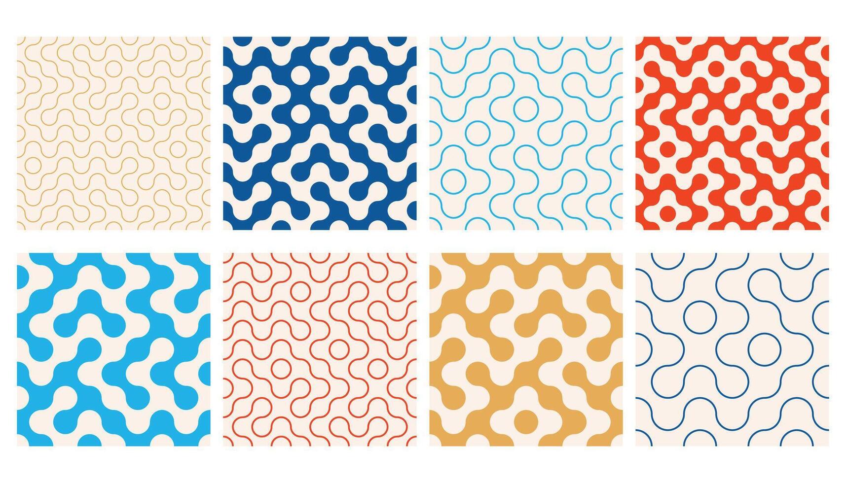 Truchet thin line and filled round shapes seamless pattern collection. Contemporary style geometric mosaic patterns with rounded lines. Modern tilt mosaic background set. vector