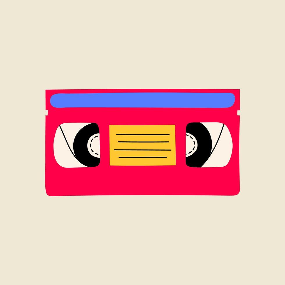 Vintage cassette illustration, flat line style. Hand drawn graphic old technology element. vector