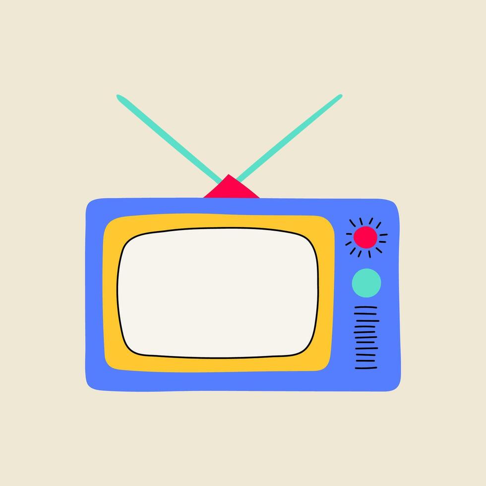 Vintage television or TV illustration, flat line style. Hand drawn graphic old technology element. vector
