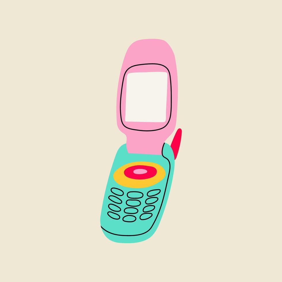 Vintage flip mobile phone illustration in flat line style. Hand drawn graphic old technology element. vector