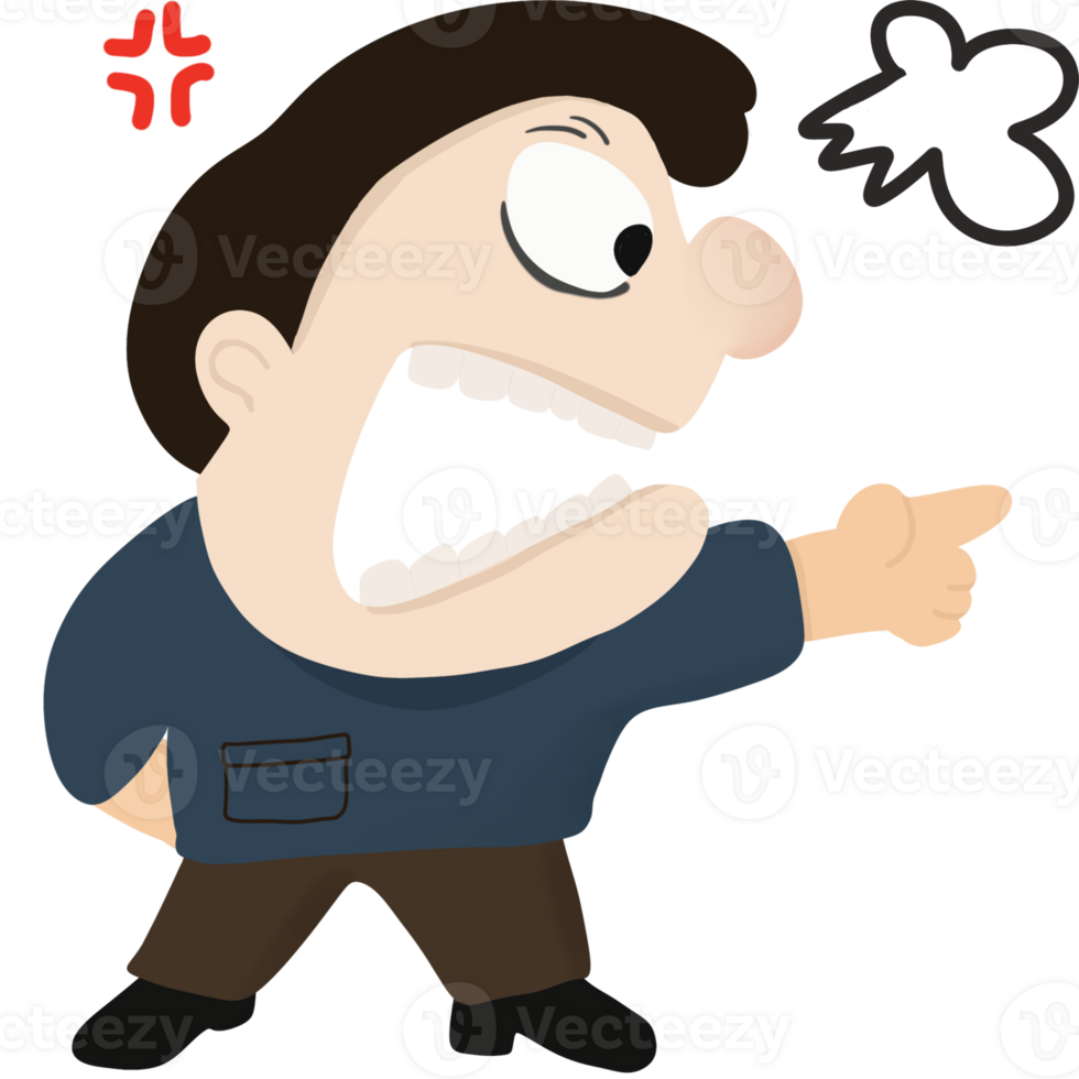 A cartoon illustration of an angry man shouting with an exaggerated expression, clenched teeth, and a pointing finger. png