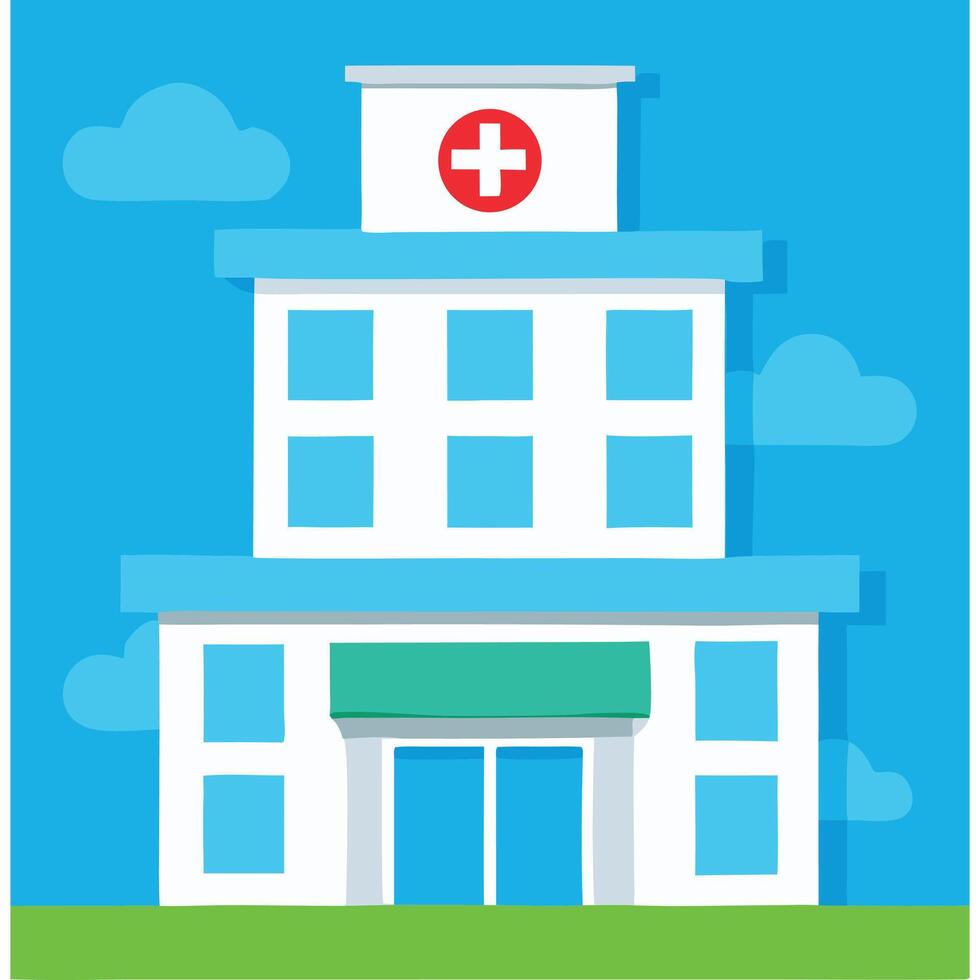 Simple cartoon illustration of a hospital building against a blue sky. vector